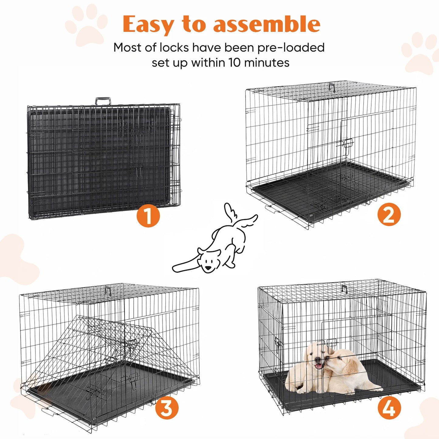 Double Door Folding Metal Wire Dog Cage with Plastic Leak-Proof Pan