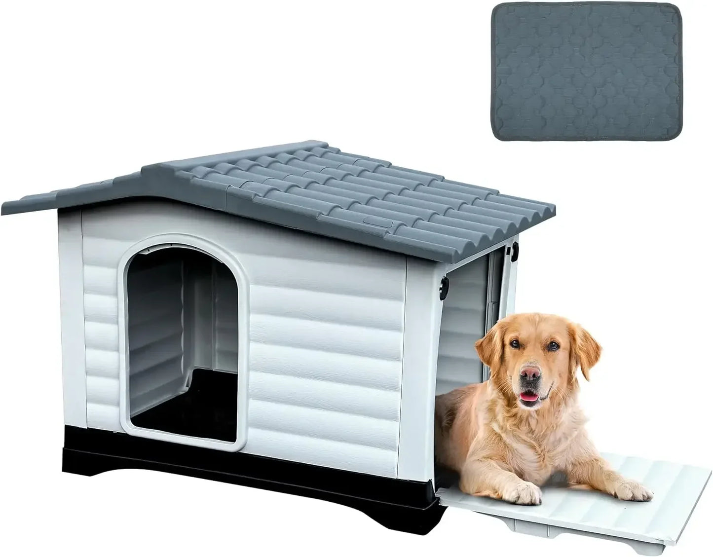 Folding large outdoor dog house with adjustable skylight and elevated base