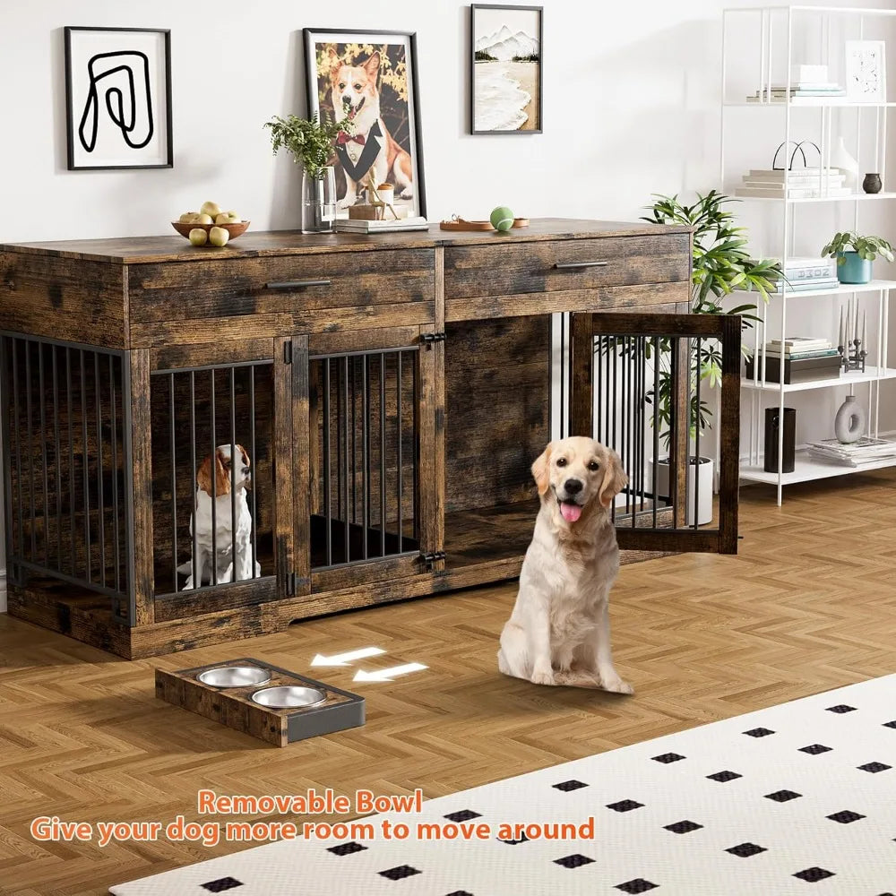 72" Double Dog Kennel Indoor Furniture with 2 Storage Drawers and Removable Divider