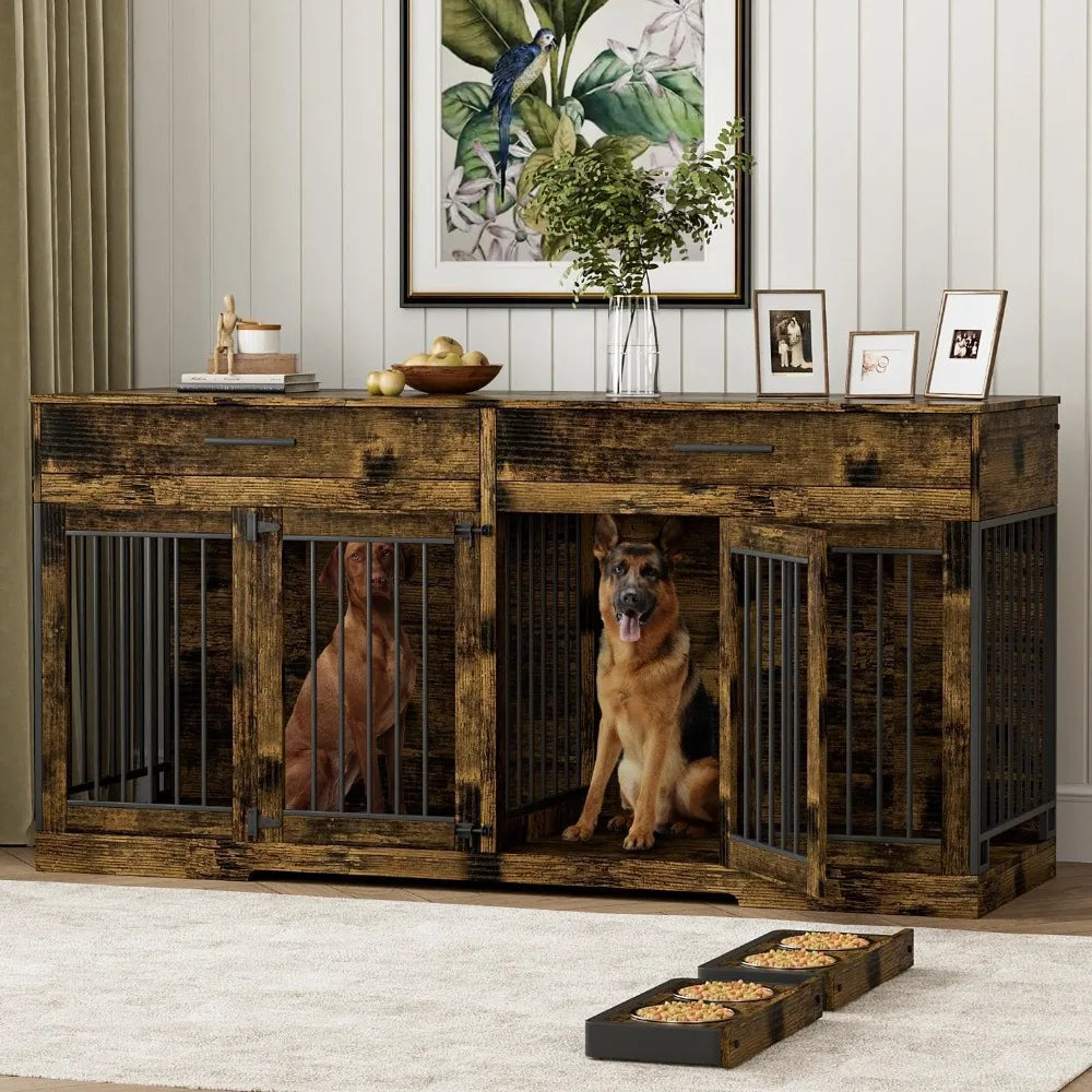 72" Double Dog Kennel Indoor Furniture with 2 Storage Drawers and Removable Divider