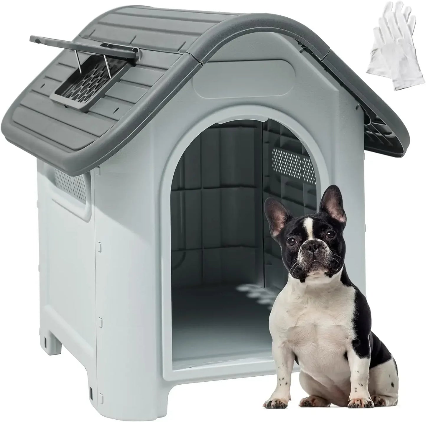 Folding large outdoor dog house with adjustable skylight and elevated base