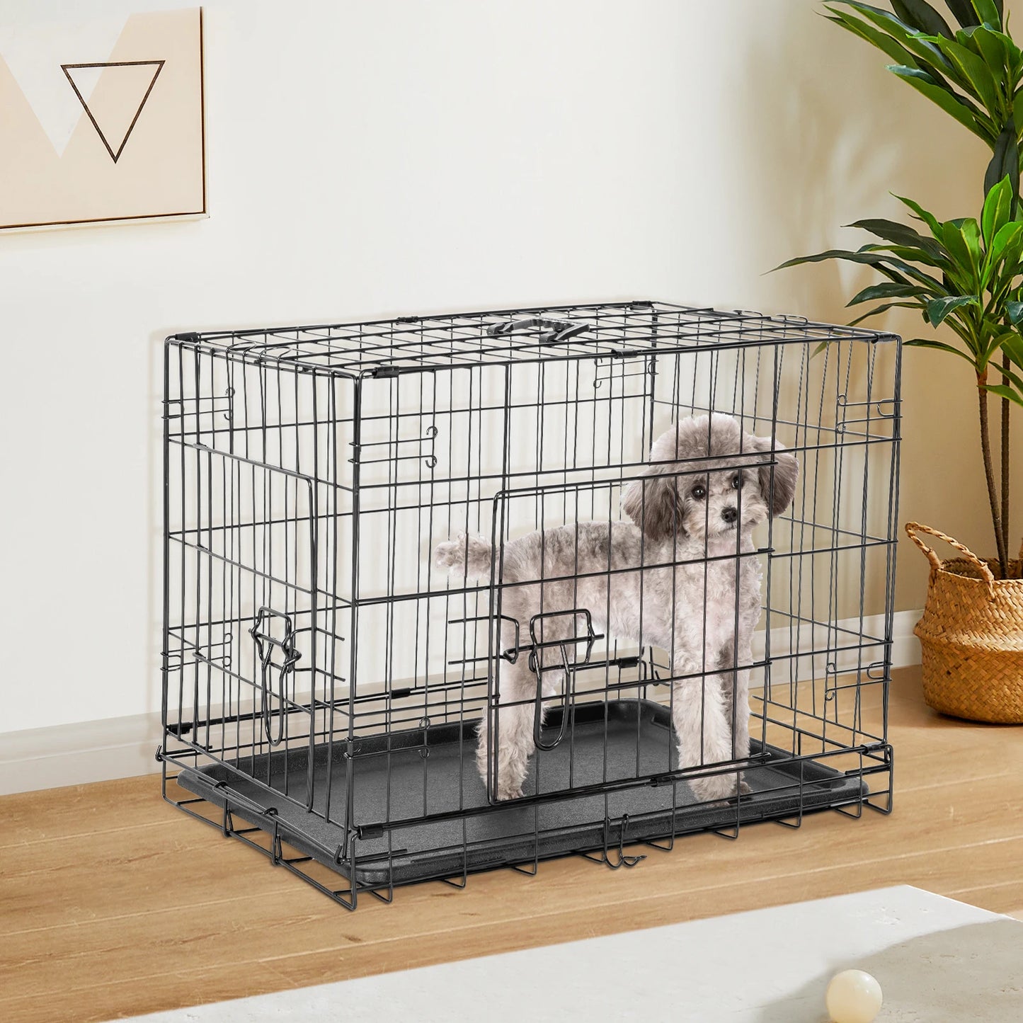 Double Door Folding Metal Wire Dog Cage with Plastic Leak-Proof Pan