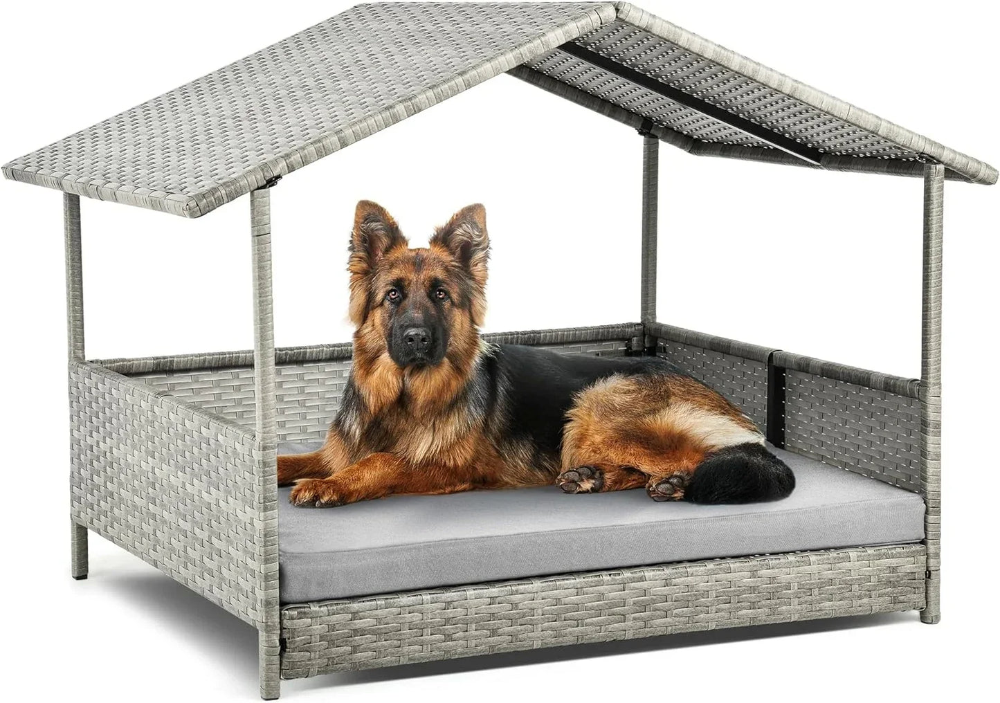 Folding large outdoor dog house with adjustable skylight and elevated base