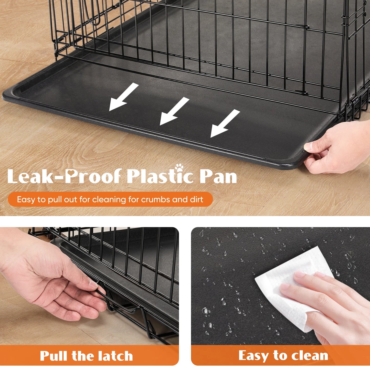 Double Door Folding Metal Wire Dog Cage with Plastic Leak-Proof Pan