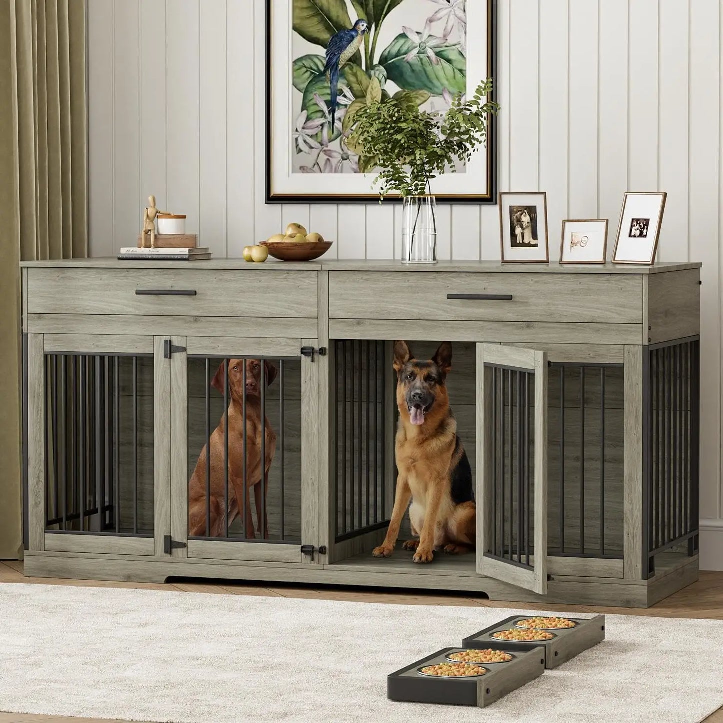 72" Double Dog Kennel Indoor Furniture with 2 Storage Drawers and Removable Divider