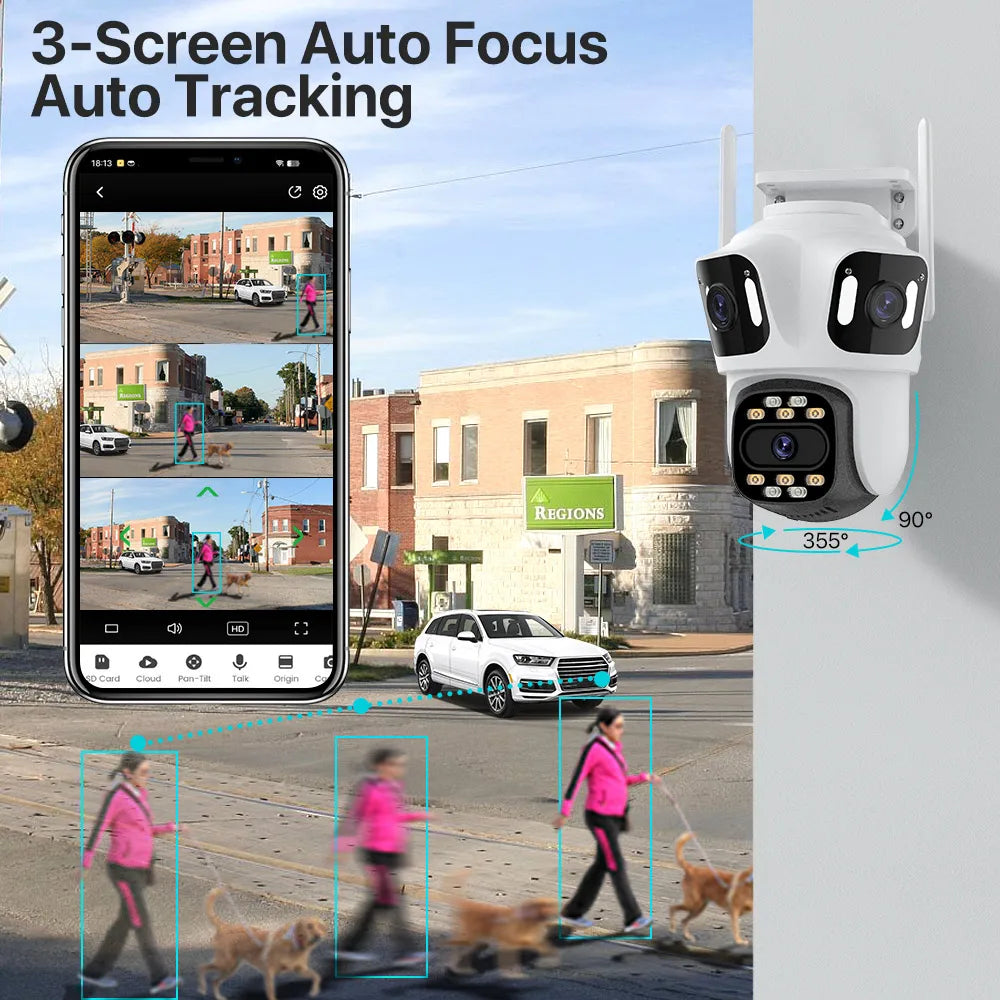 Three Lens PTZ IP 4K, 6K HD Three Screen WiFi Security Camera