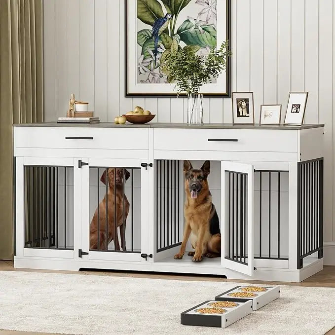 72" Double Dog Kennel Indoor Furniture with 2 Storage Drawers and Removable Divider