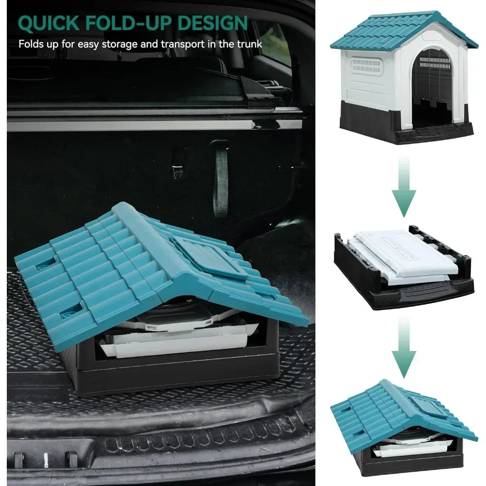 Folding large outdoor dog house with adjustable skylight and elevated base