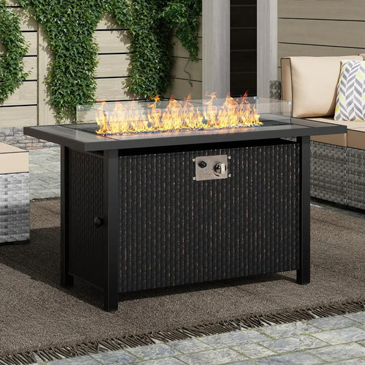 45" Propane  Outdoor Fire Pit Tabletop with Lid and Blue Fire Glass