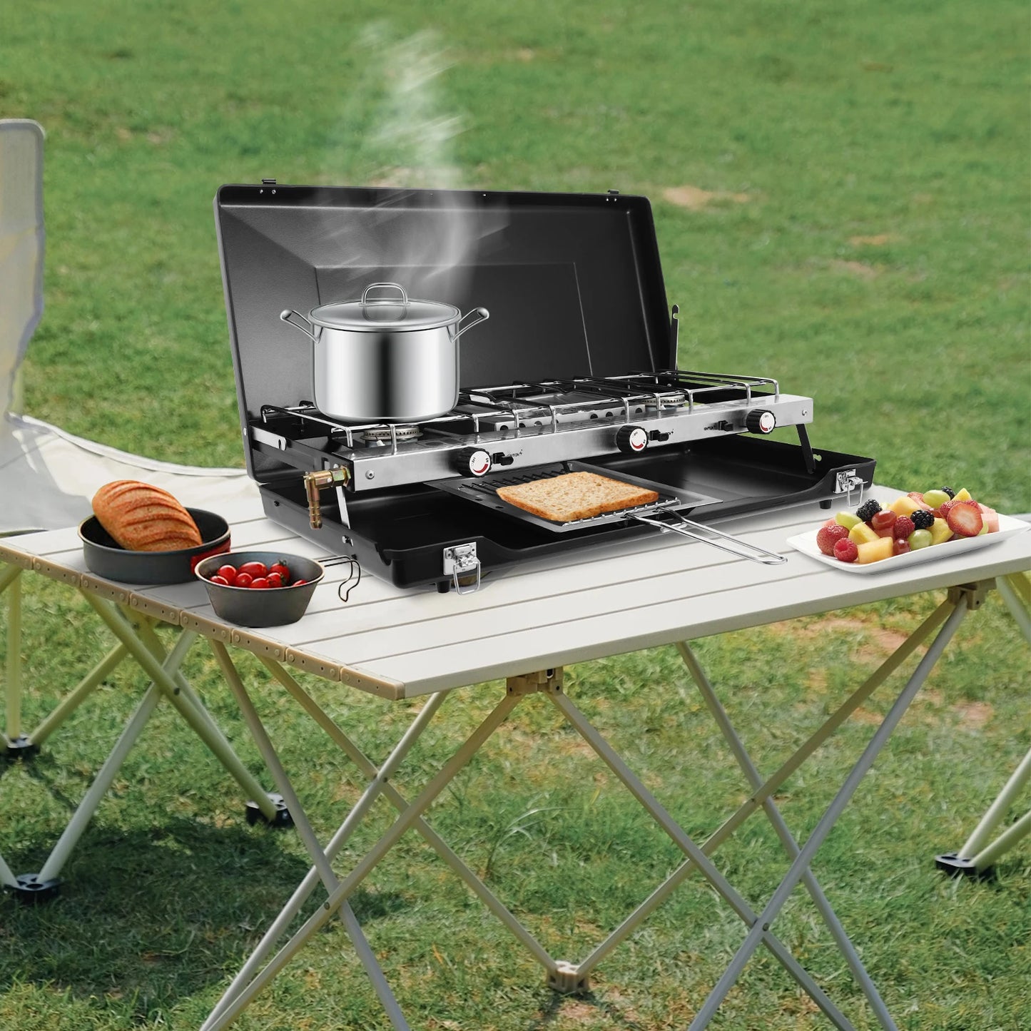 3 Burner Propane Portable Stove with Regulator, Toast Tray, Windshield