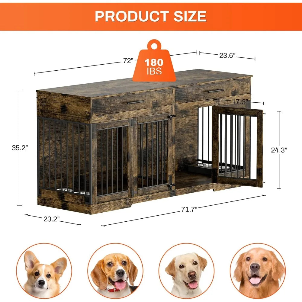 72" Double Dog Kennel Indoor Furniture with 2 Storage Drawers and Removable Divider