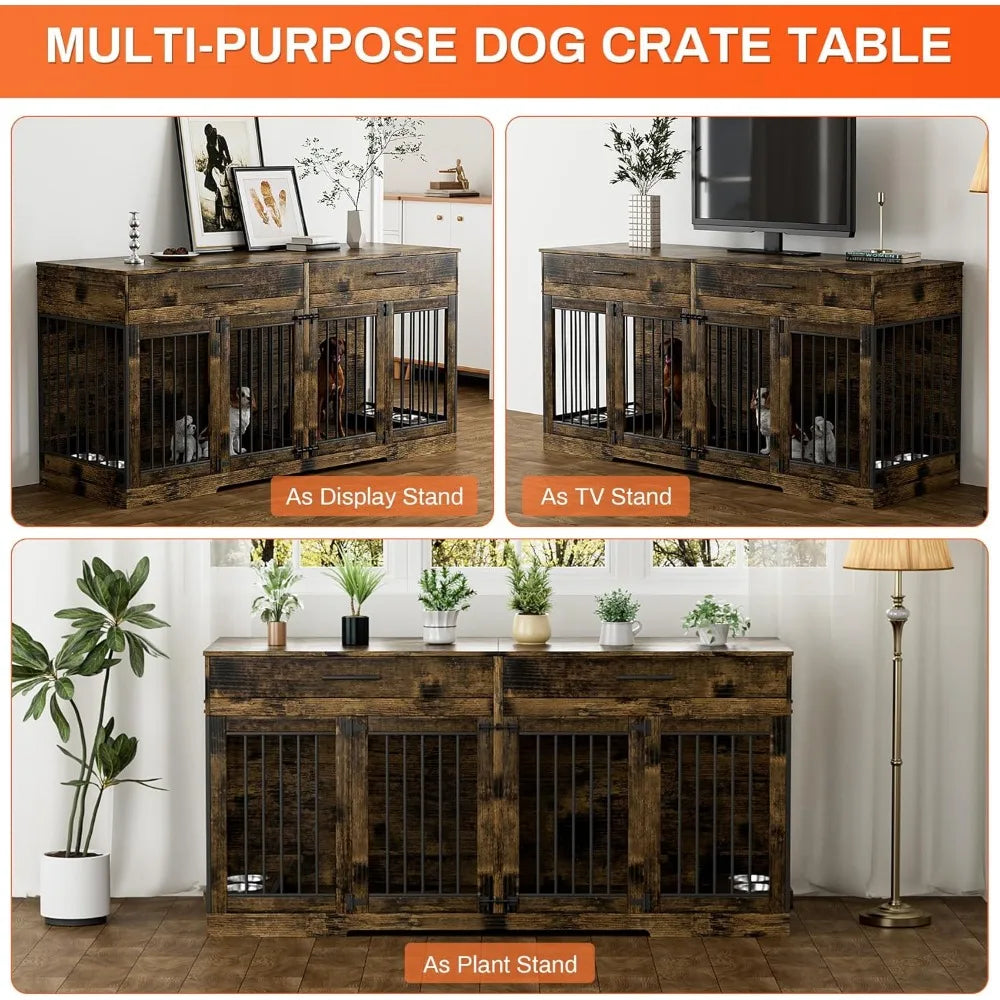 72" Double Dog Kennel Indoor Furniture with 2 Storage Drawers and Removable Divider