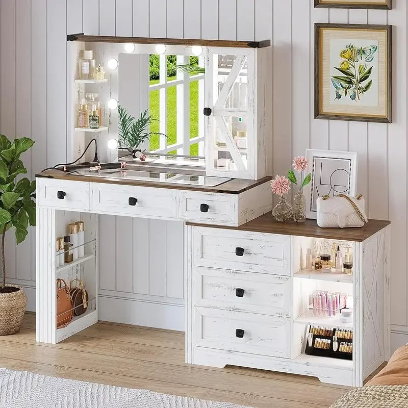 Farmhouse Makeup Desk Set Mirror and Lights