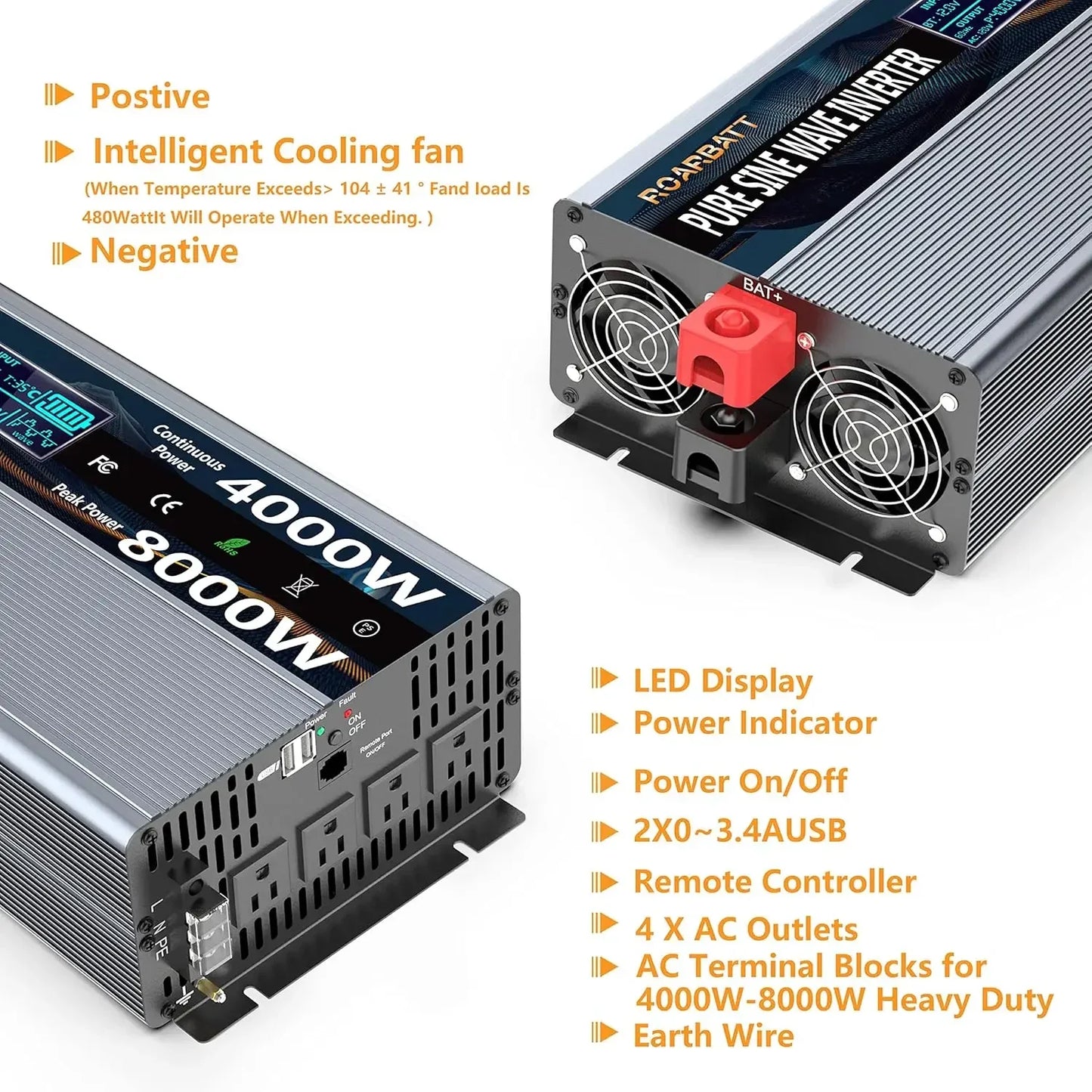 4000W Pure Sine Wave Power Inverter with Remote Control 4 AC Outlets