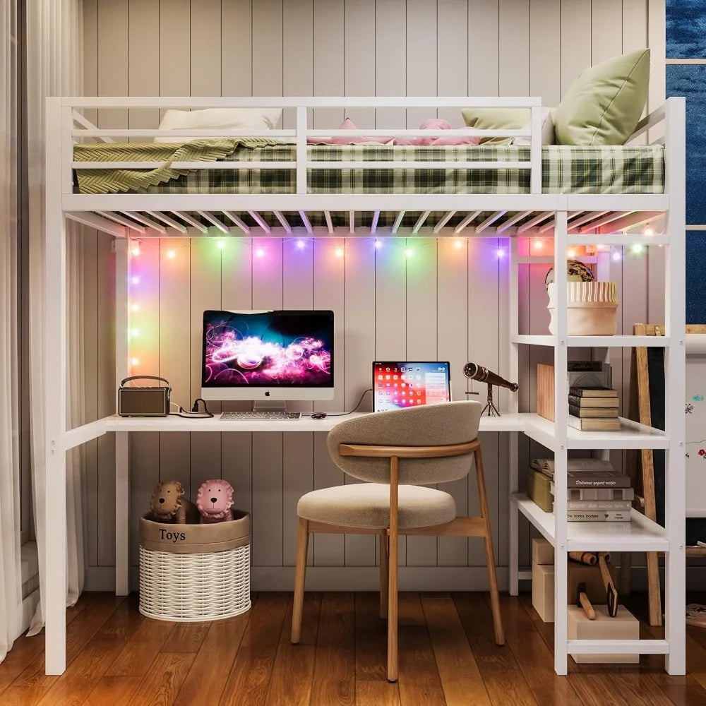 Loft Bed Twin Size with L Shaped Desk and Shelves