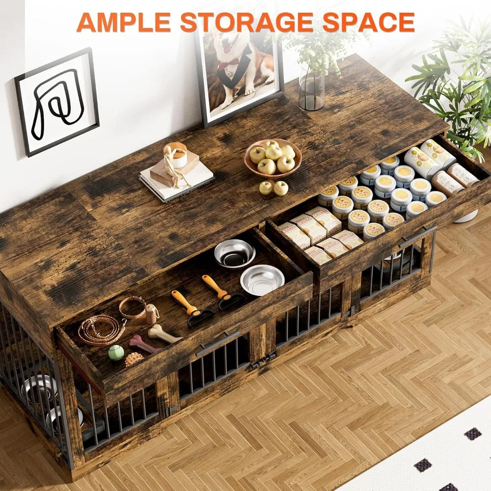 72" Double Dog Kennel Indoor Furniture with 2 Storage Drawers and Removable Divider