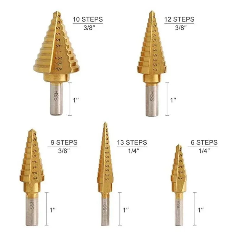 Step Drill Bit Set 5-Piece Titanium-Coated