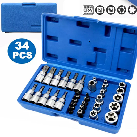 34Pcs Torx Star Sockets & Bit Set Male / Female