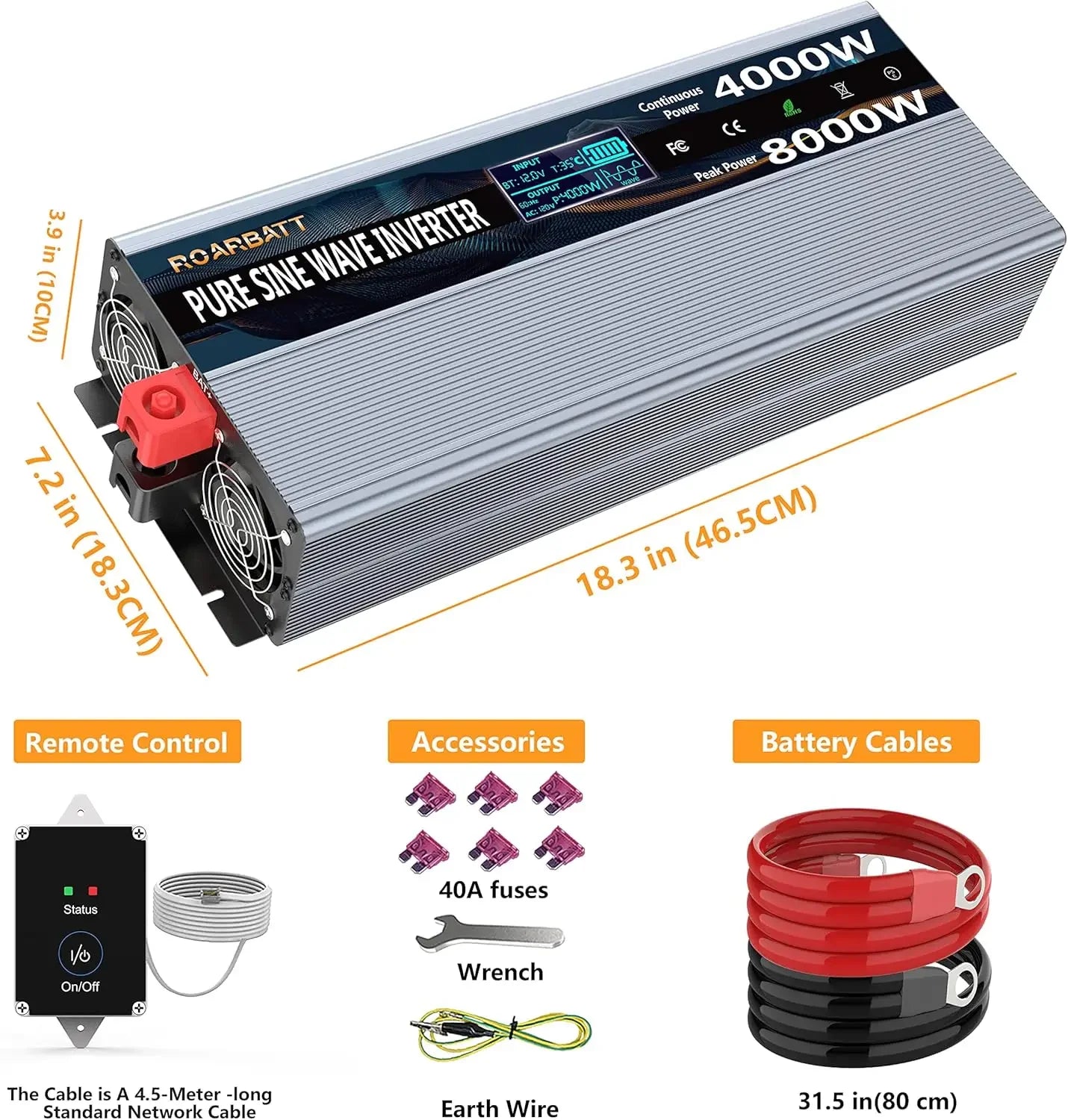 4000W Pure Sine Wave Power Inverter with Remote Control 4 AC Outlets