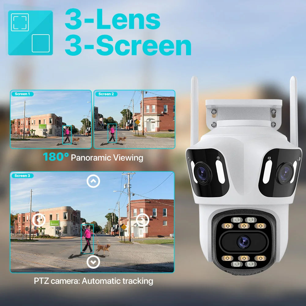 Three Lens PTZ IP 4K, 6K HD Three Screen WiFi Security Camera