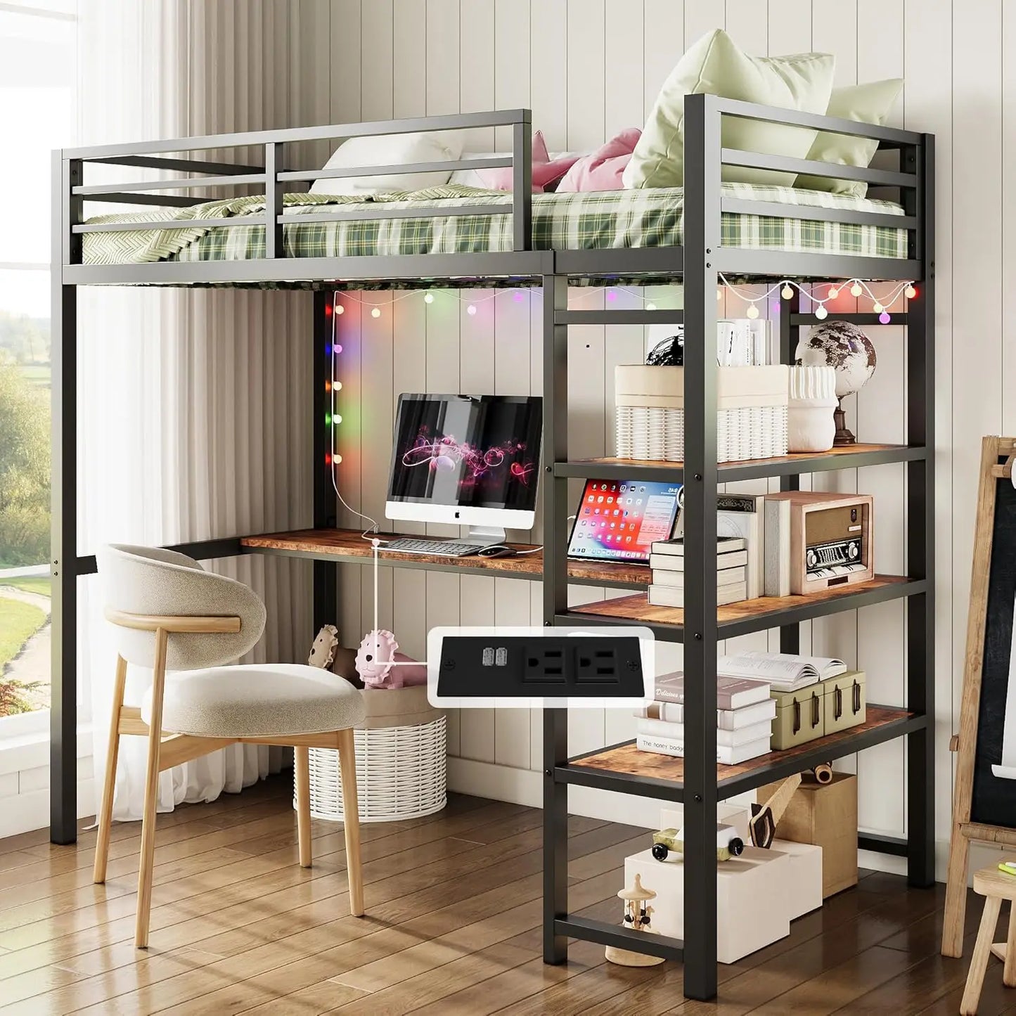 Loft Bed Twin Size with L Shaped Desk and Shelves