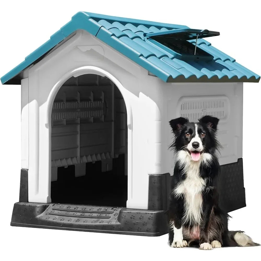 Folding large outdoor dog house with adjustable skylight and elevated base