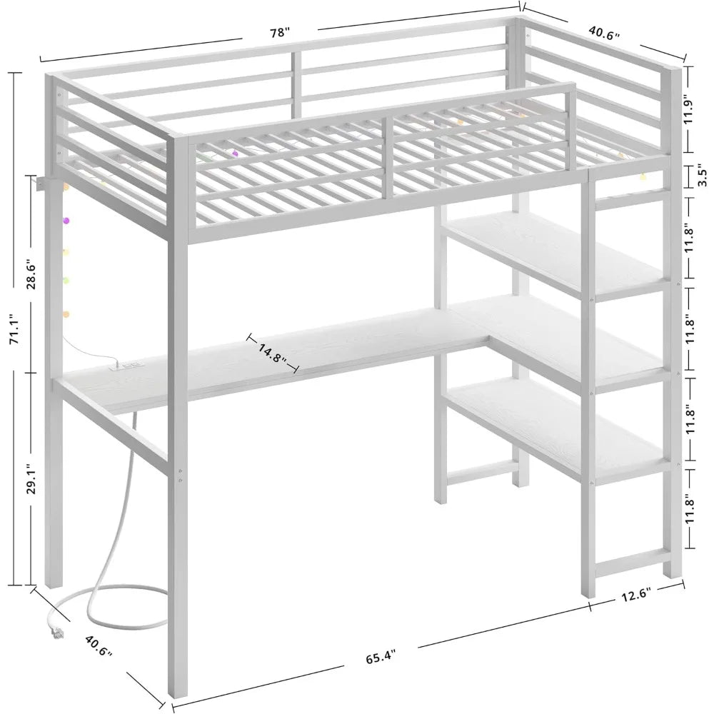 Loft Bed Twin Size with L Shaped Desk and Shelves