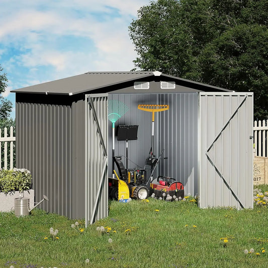 8 x 6 FT Outdoor Storage Shed, Metal Garden Tool Shed, Outside Sheds & Outdoor Storage Galvanized Steel w/Lockable Door