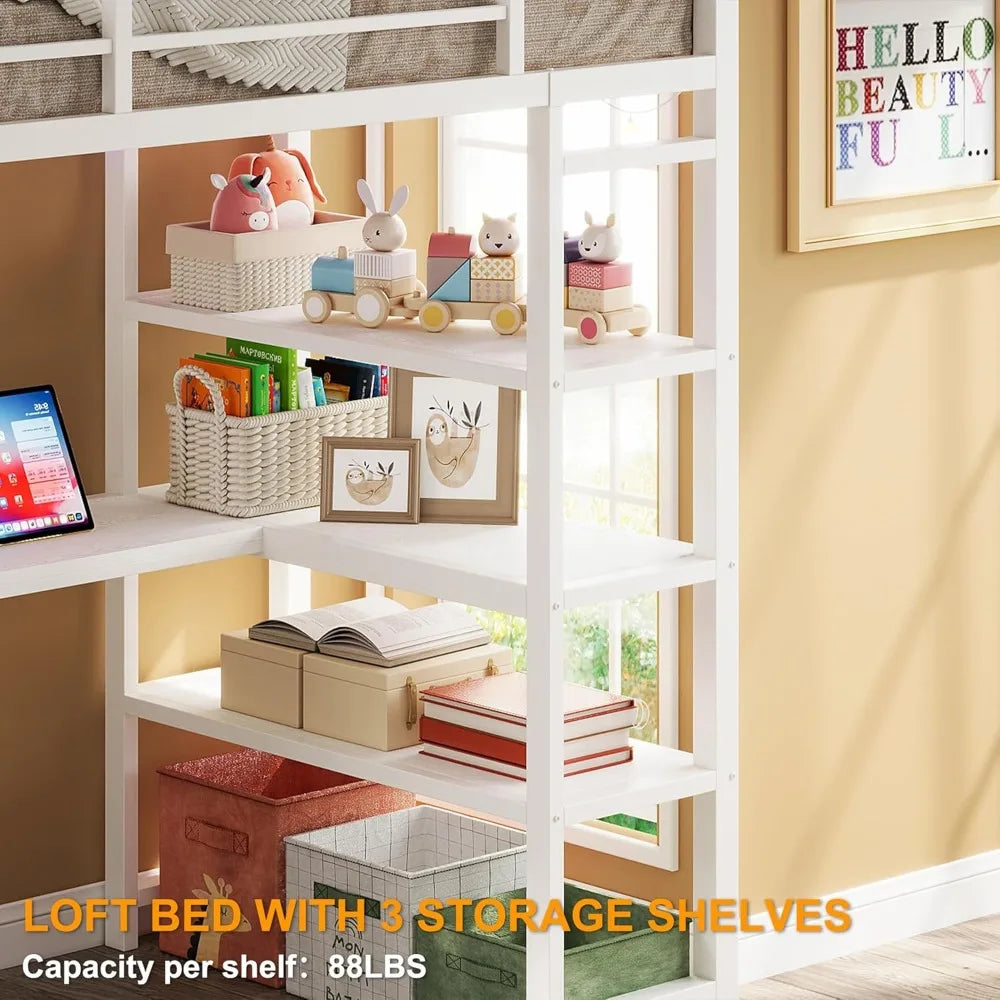 Loft Bed Twin Size with L Shaped Desk and Shelves