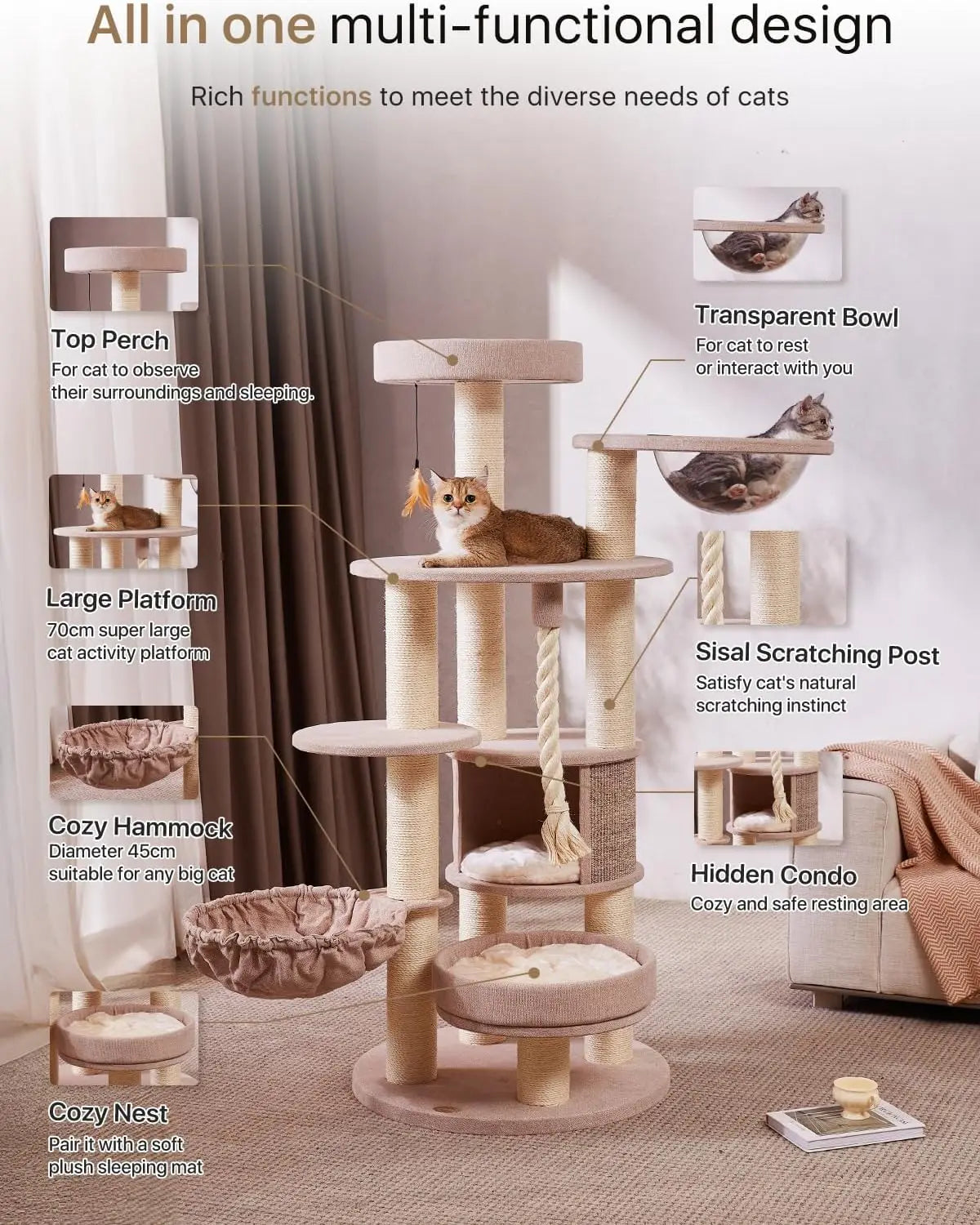 65 Inches Tall Cat Tree Tower for Indoor Large Cats