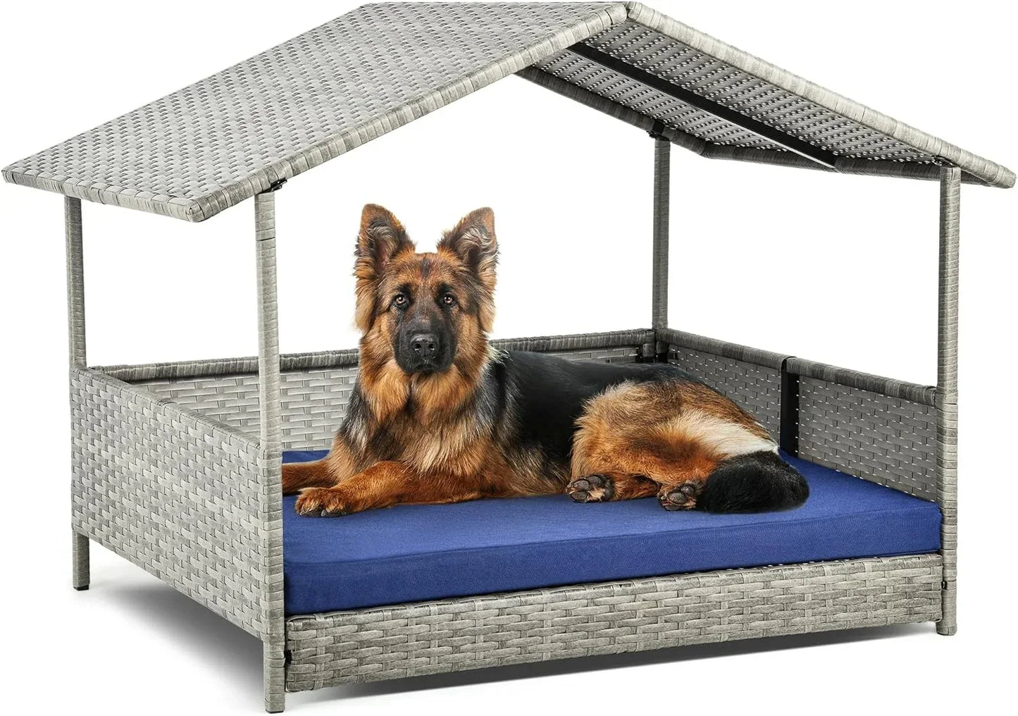 Folding large outdoor dog house with adjustable skylight and elevated base