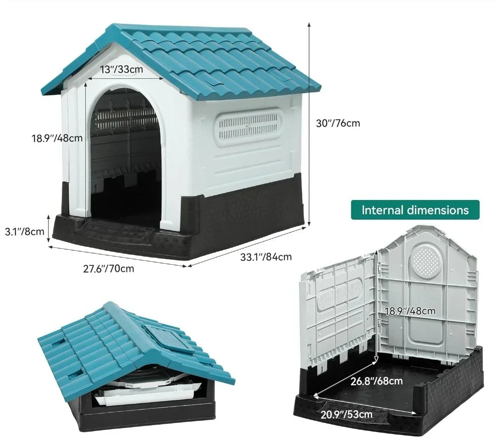 Folding large outdoor dog house with adjustable skylight and elevated base