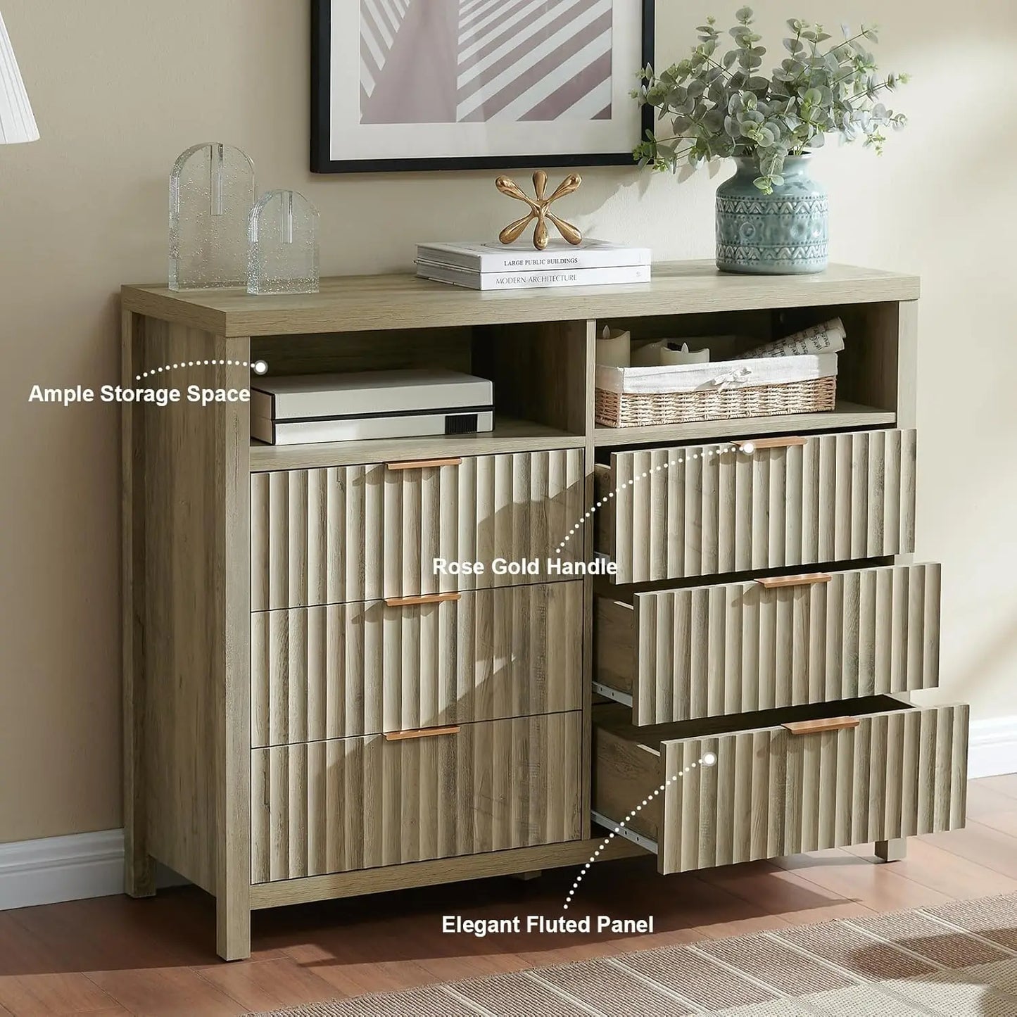 Fluted 6 Drawer Dresser for Bedroom