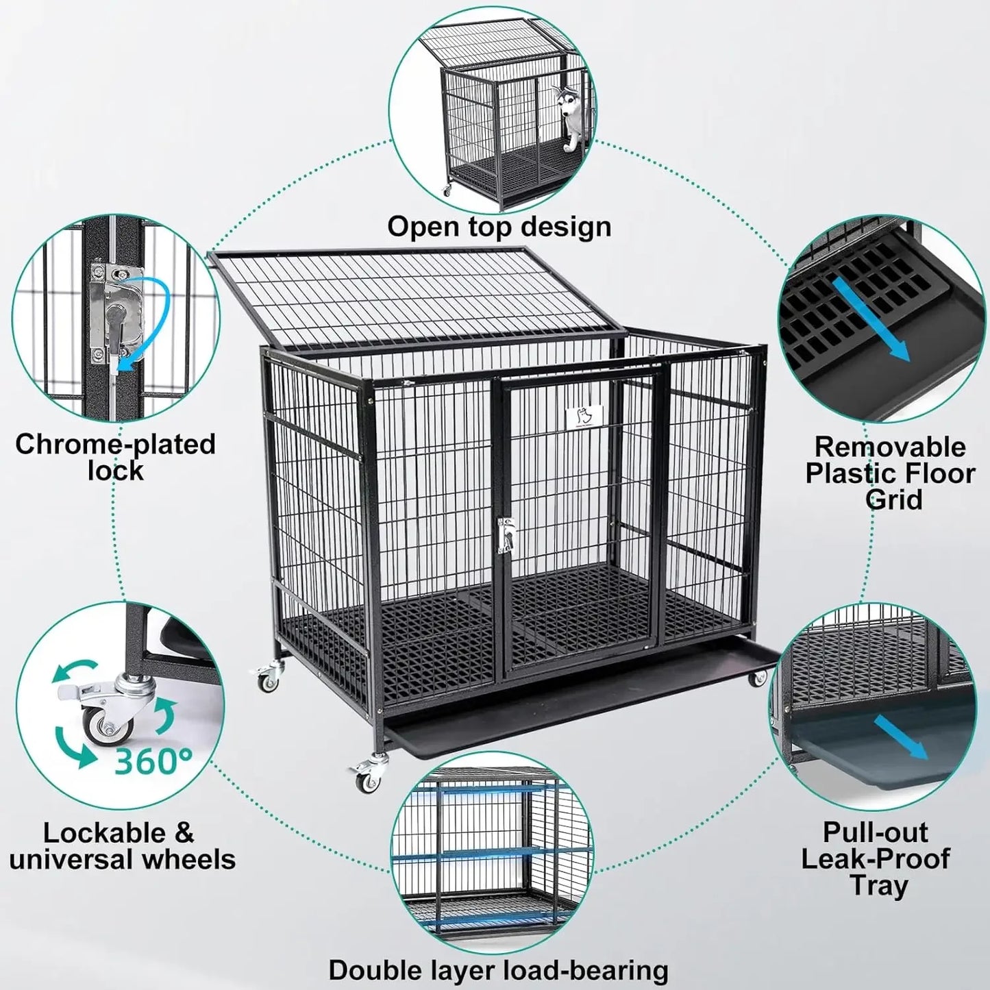 37 inch Stackable Open Top Dog Crate with Wheels and Removable Tray