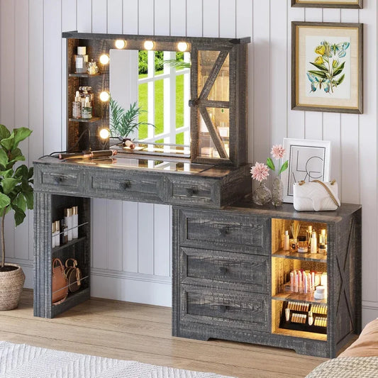 Farmhouse Makeup Desk Set Mirror and Lights