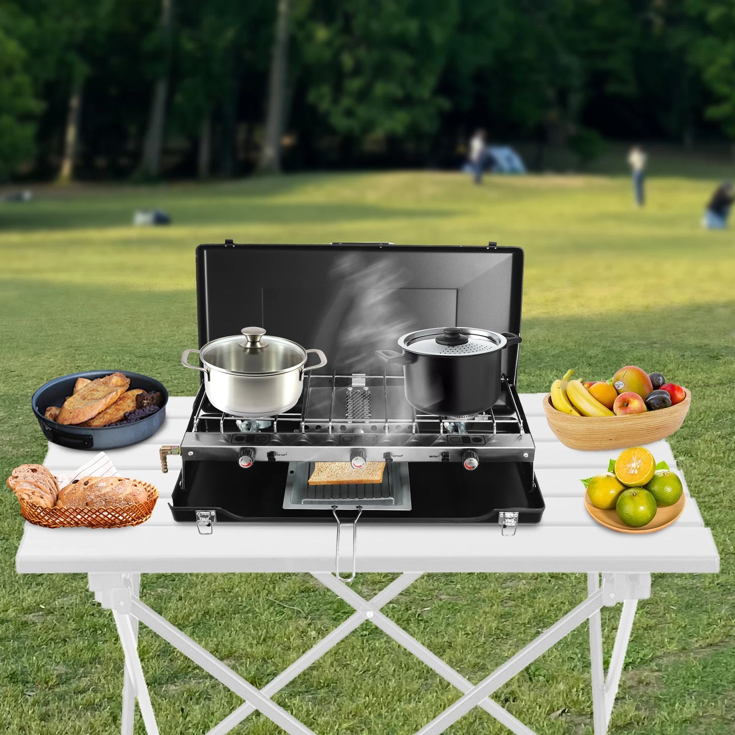 3 Burner Propane Portable Stove with Regulator, Toast Tray, Windshield