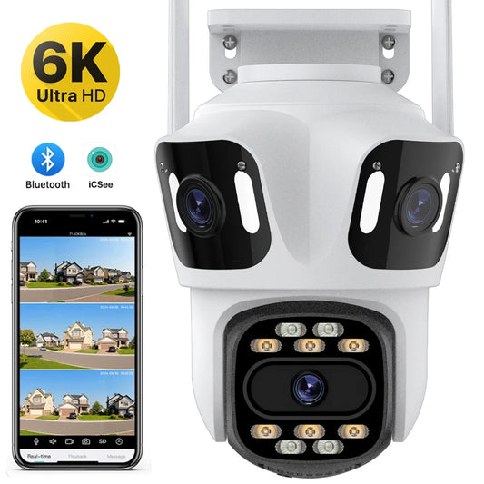 Three Lens PTZ IP 4K, 6K HD Three Screen WiFi Security Camera