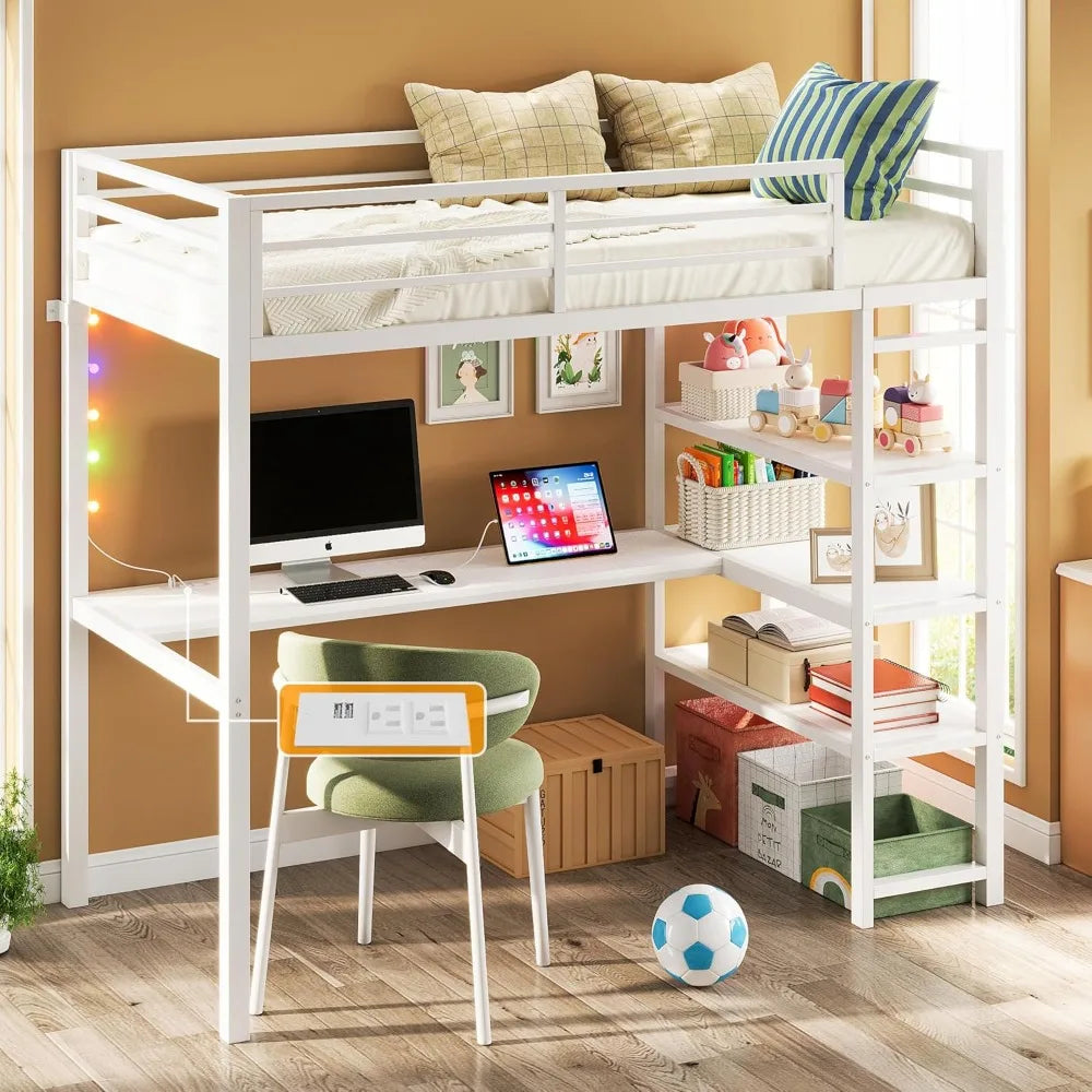 Loft Bed Twin Size with L Shaped Desk and Shelves